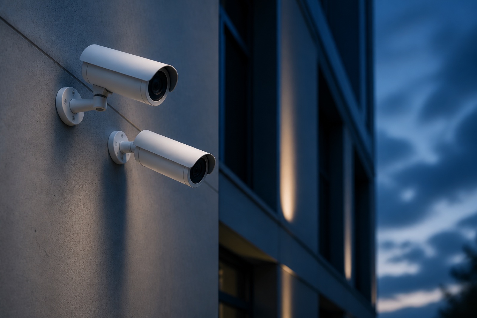 Two surveillance cameras mounted on a modern building facade at dusk
