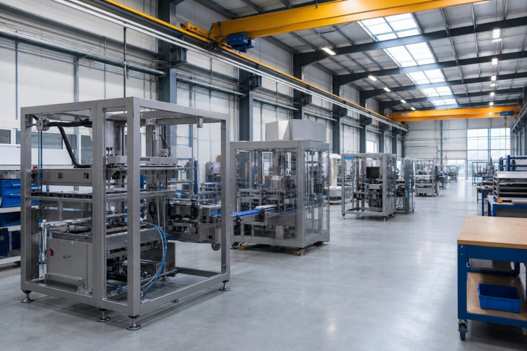 Packaging machines in different build stages along a bright assembly hall
