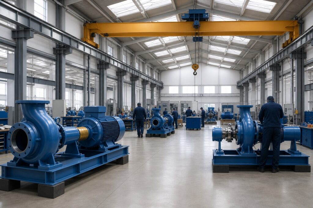 Pump assembly facility with gantry crane