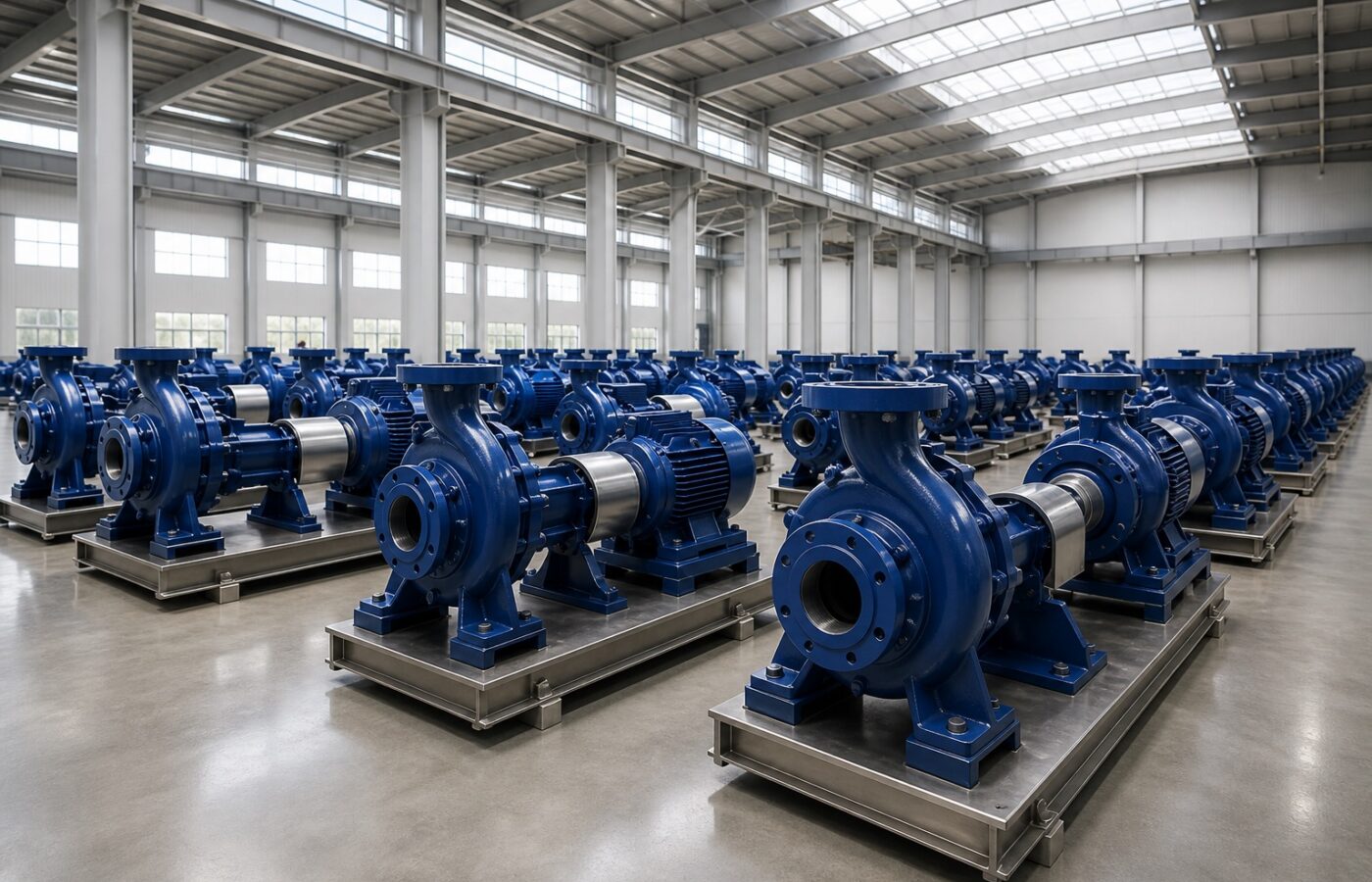 Pump manufacturing hall with rows of blue pumps