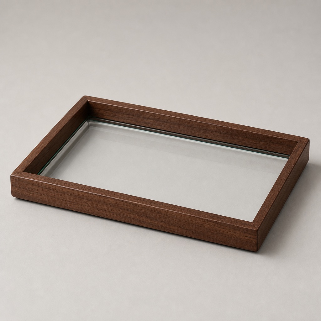 Glass and walnut decorative desk tray