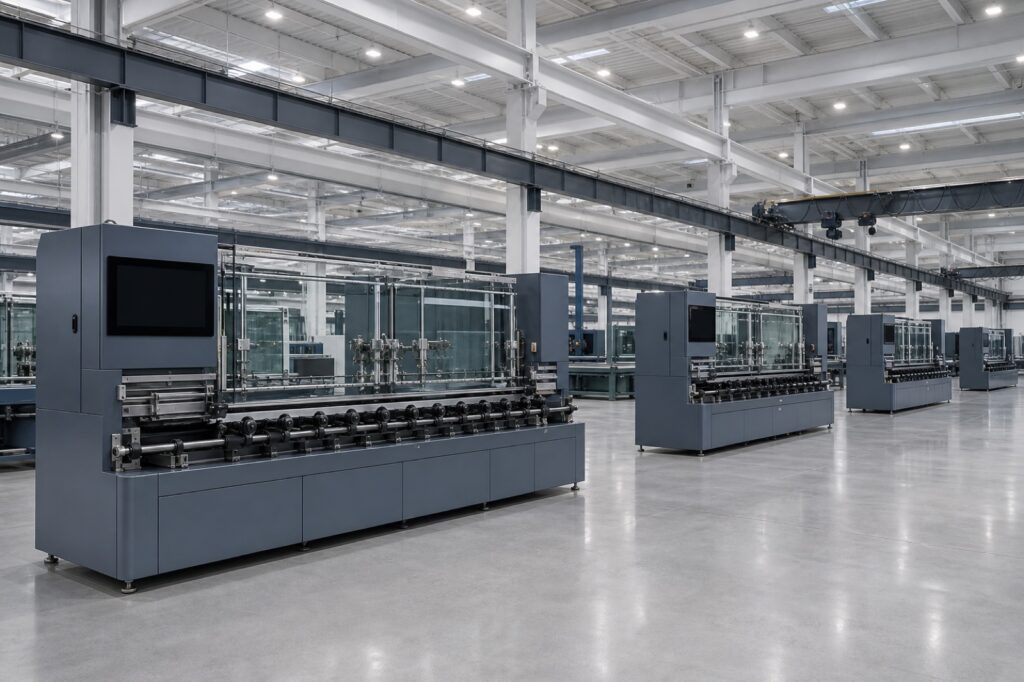 Glass processing machines lined up along a bright final assembly workshop