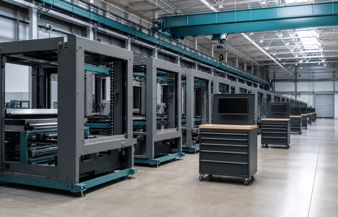 Frames welded, glass tooling machined, control cabinets wired in the same halls