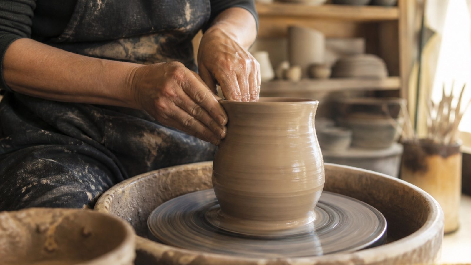 Potter's hands shaping clay on a wheel in a sunlit ceramics studio