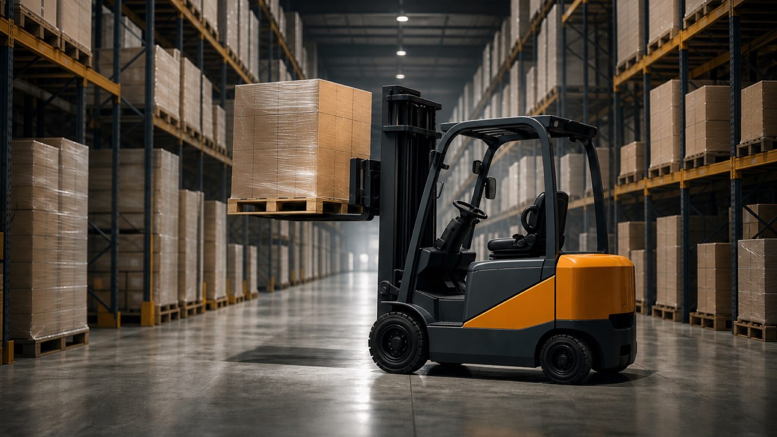 High-bay warehouse aisle lined with tall steel pallet racking