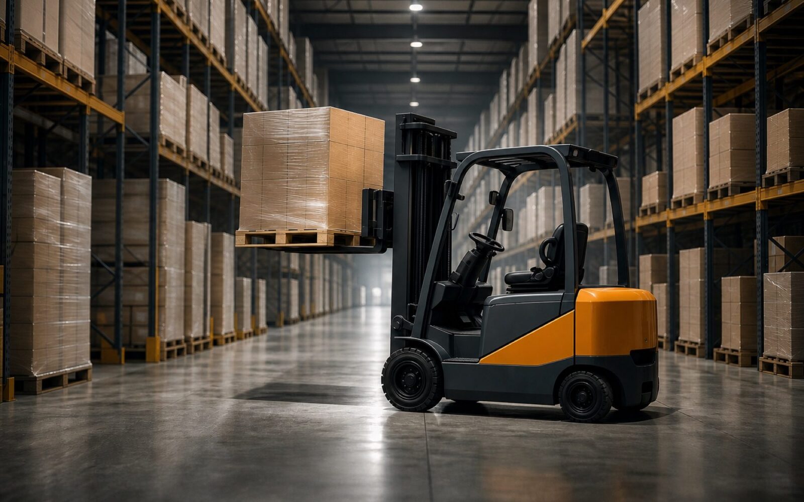 High-bay warehouse aisle lined with tall steel pallet racking