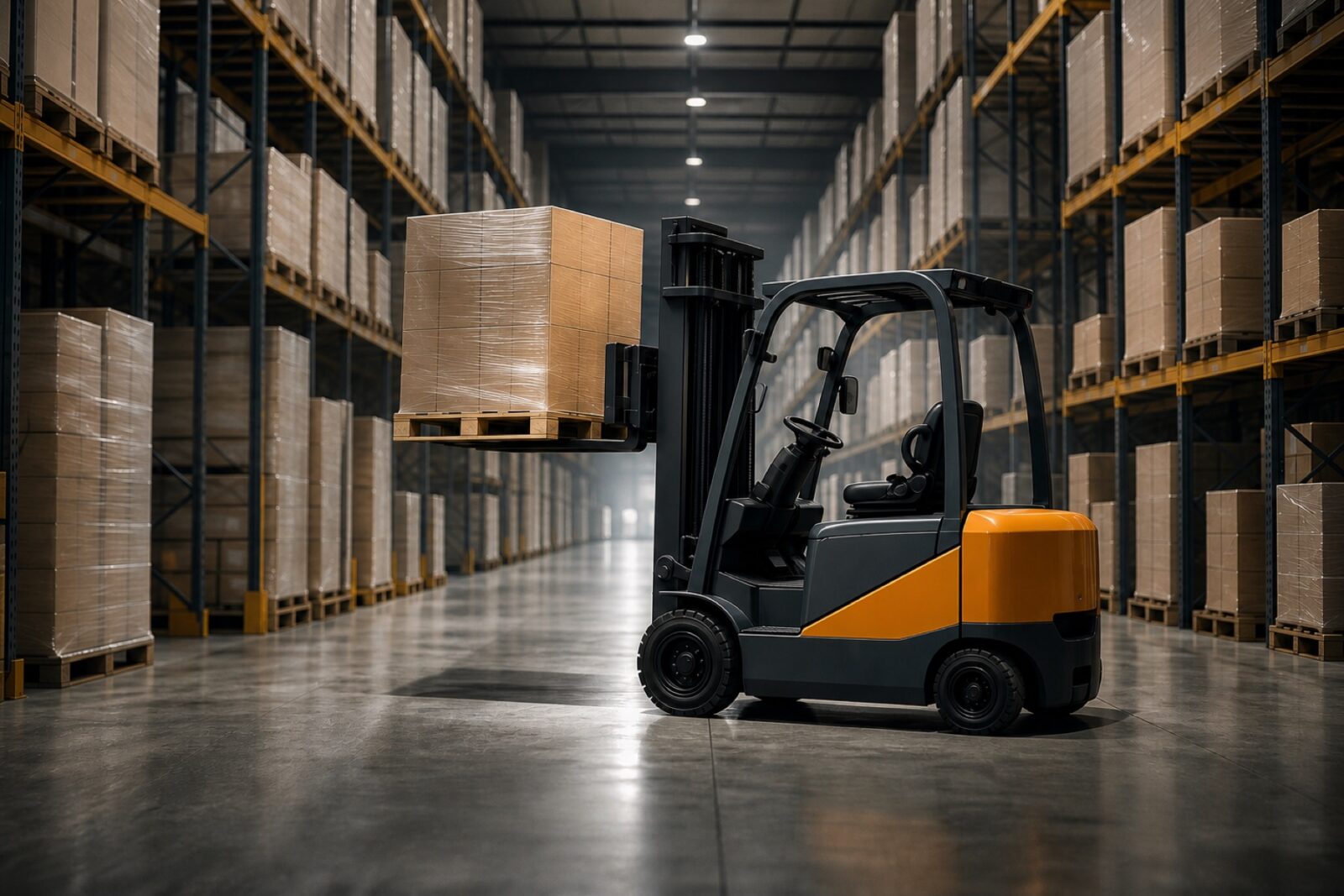 High-bay warehouse aisle lined with tall steel pallet racking