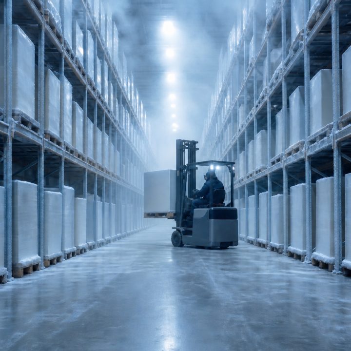 Cold-store warehouse aisle with frost haze and a forklift working between racks