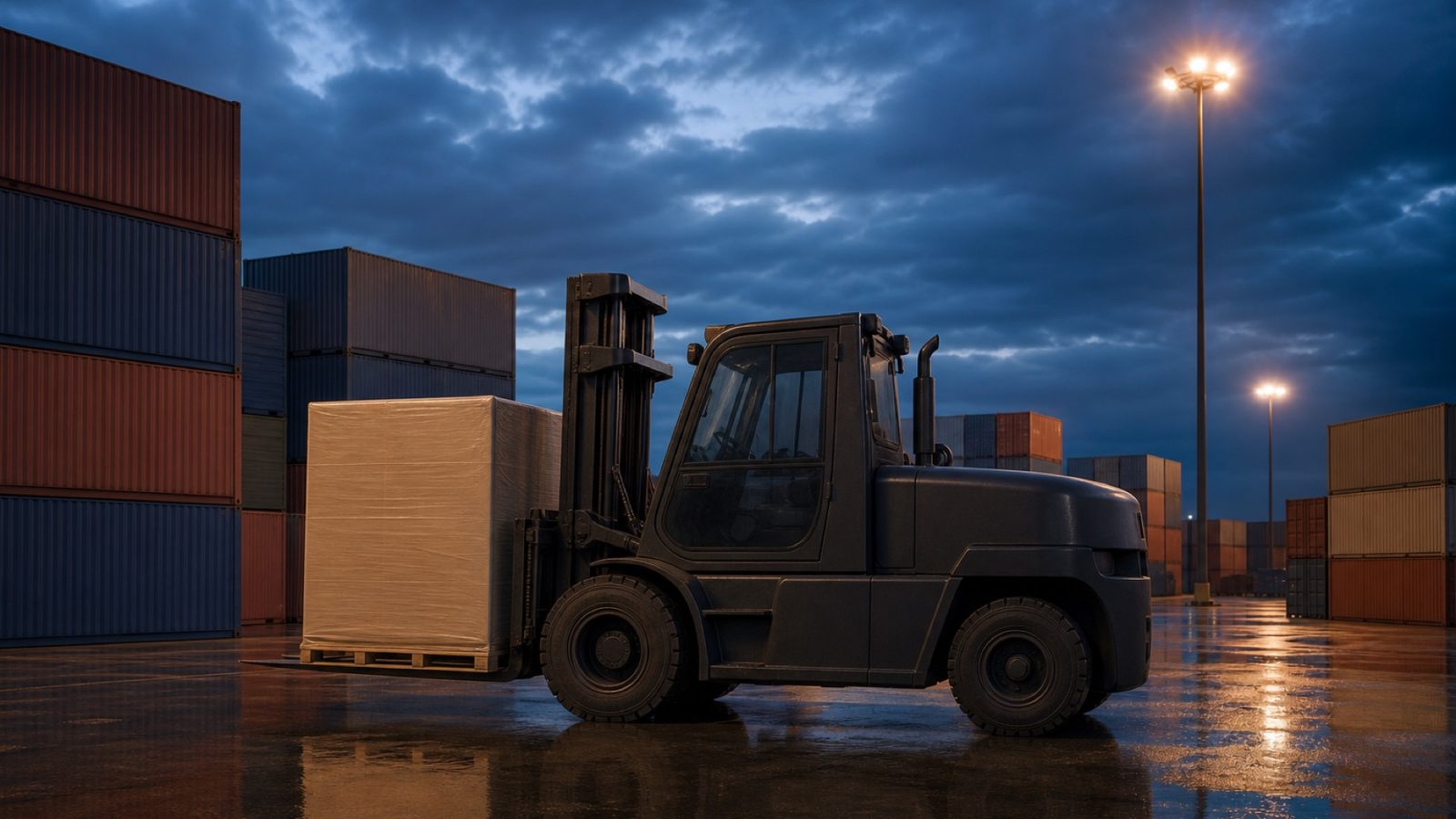 Outdoor logistics yard at dusk with stacked shipping containers