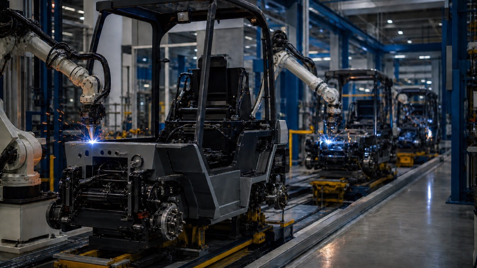 Forklift assembly line with partially built chassis and robotic welding arms