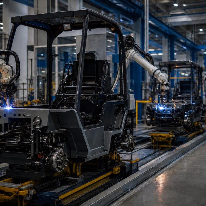Forklift assembly line with partially built chassis and robotic welding arms