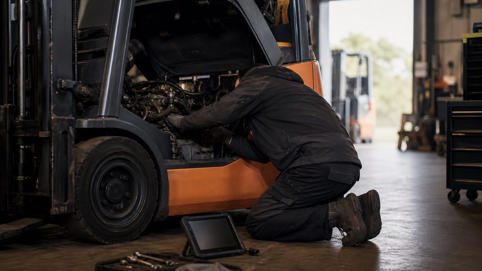 Service technician working on an opened forklift engine bay in a workshop