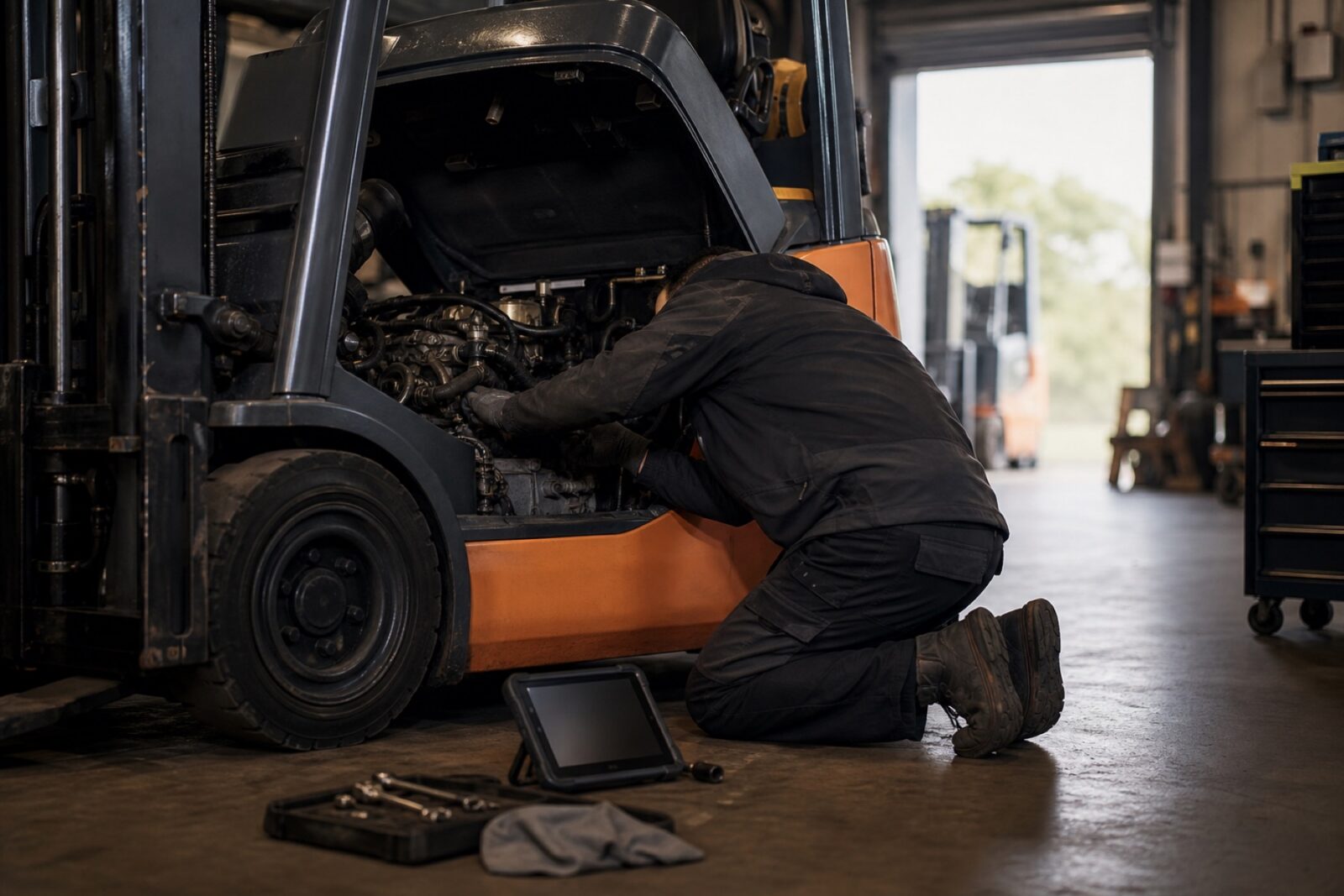 Service technician working on an opened forklift engine bay in a workshop