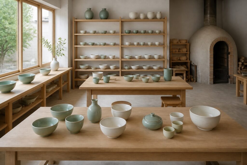 Quiet ceramics studio with wooden benches, shelves of glazed teapots and cups and soft window light