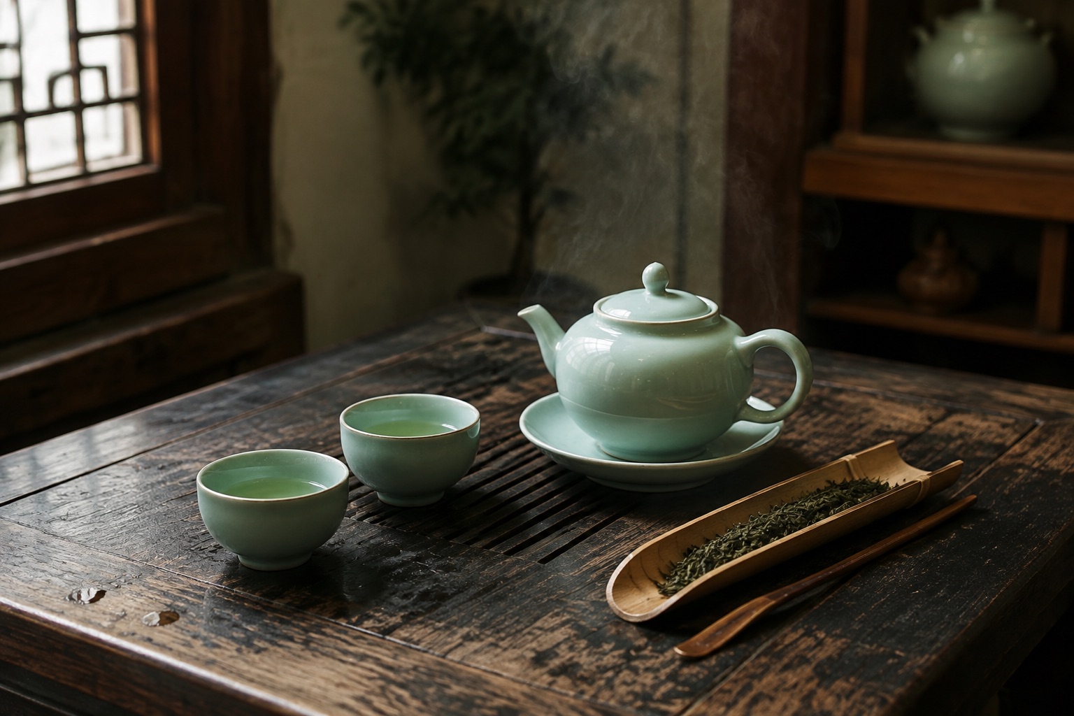 Serene tea table with celadon teapot, small cups and a cast iron kettle in soft morning light