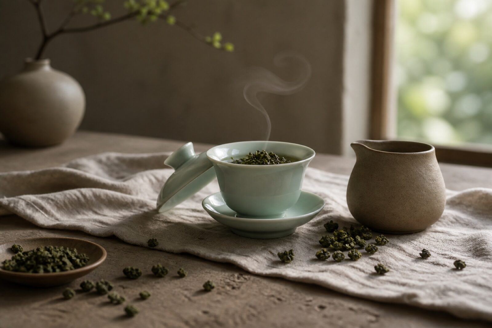 A quiet tea table set with a celadon gaiwan and loose leaf