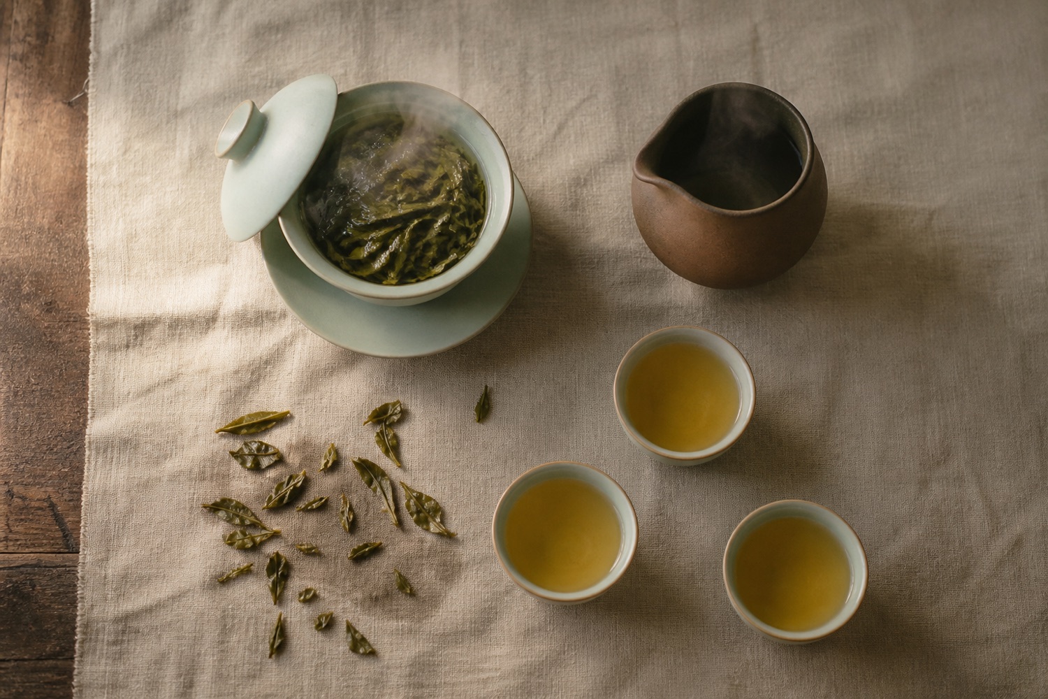 An overhead gongfu tea session with gaiwan, pitcher and three cups