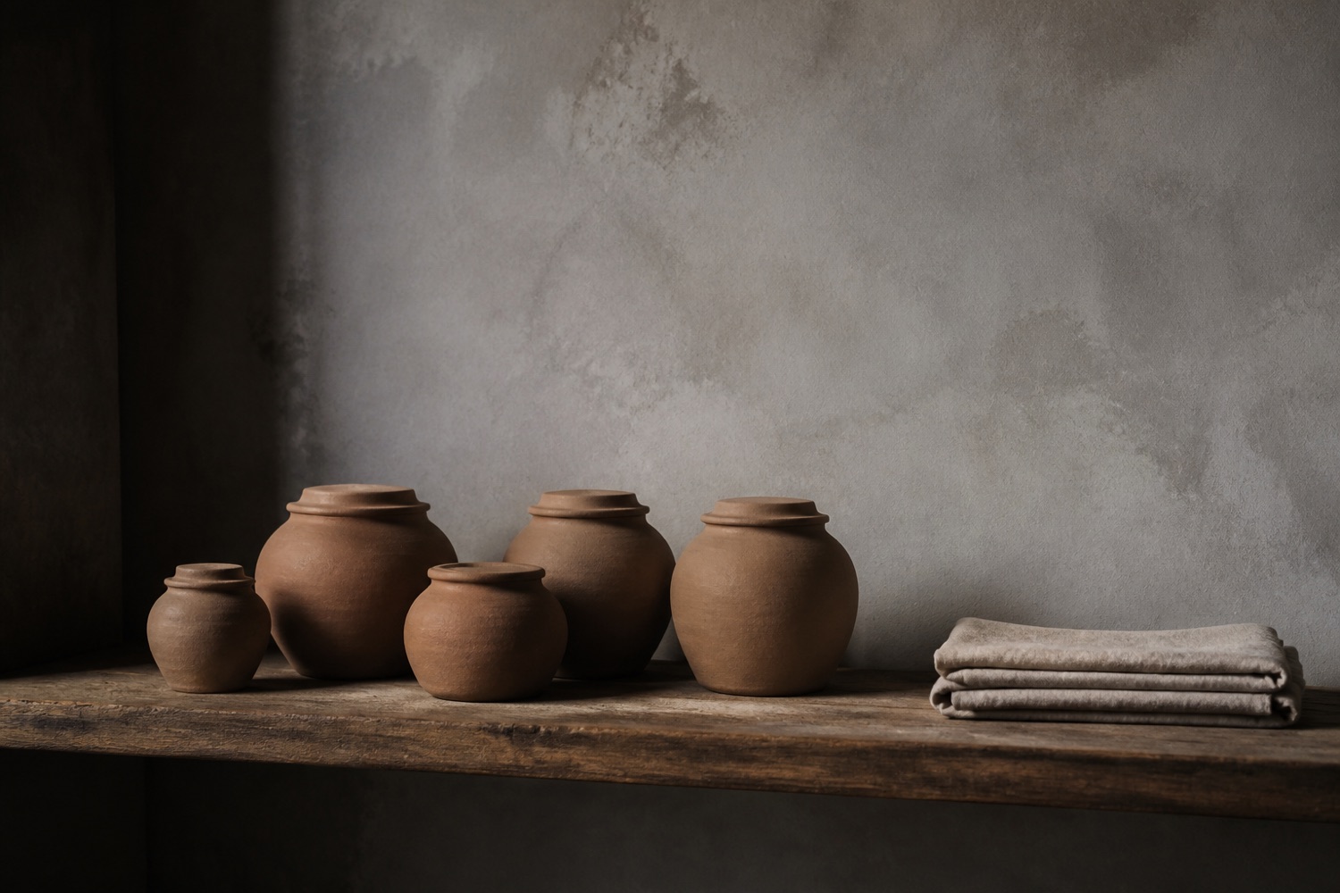 A wooden shelf of plain unglazed clay tea jars in a studio corner