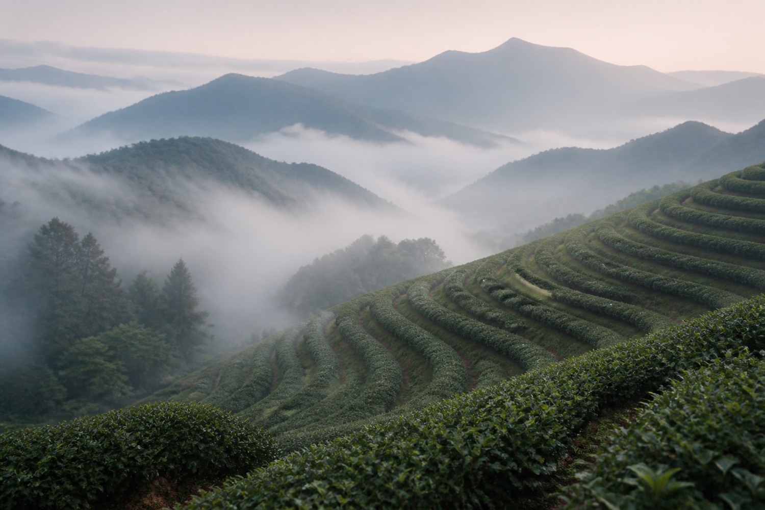 A terraced high-mountain tea garden at dawn with layers of mist