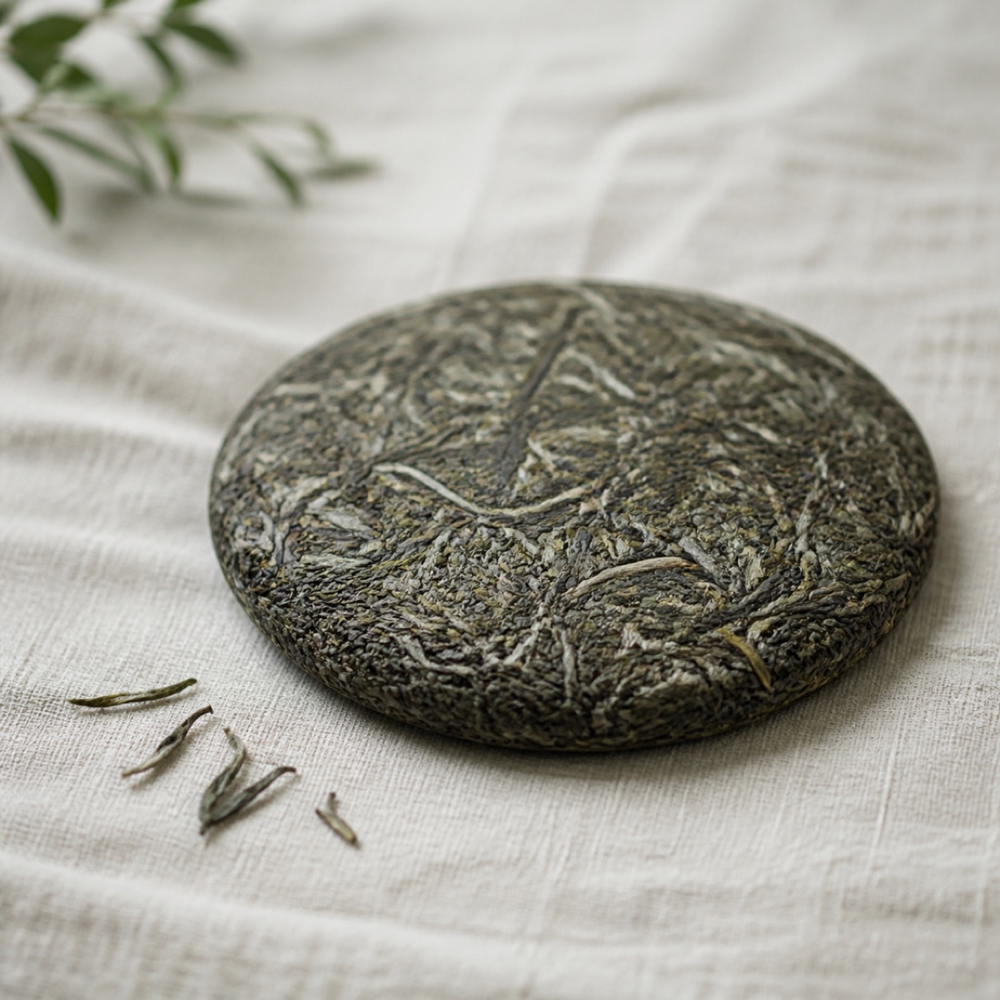 A round compressed raw pu-erh tea cake resting on natural linen