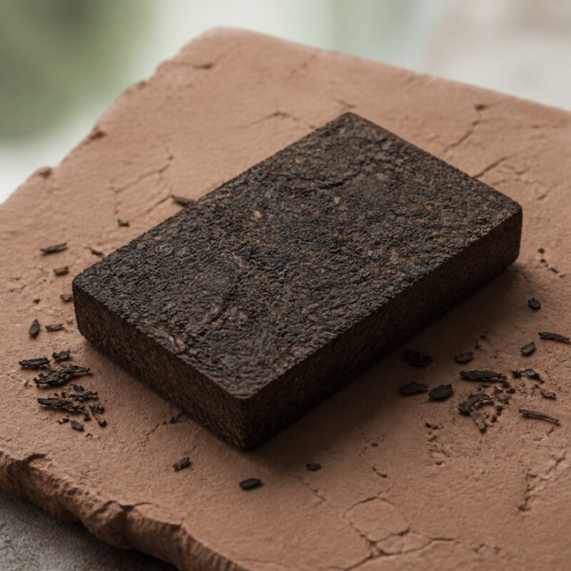 A rectangular compressed ripe pu-erh brick on a raw clay slab