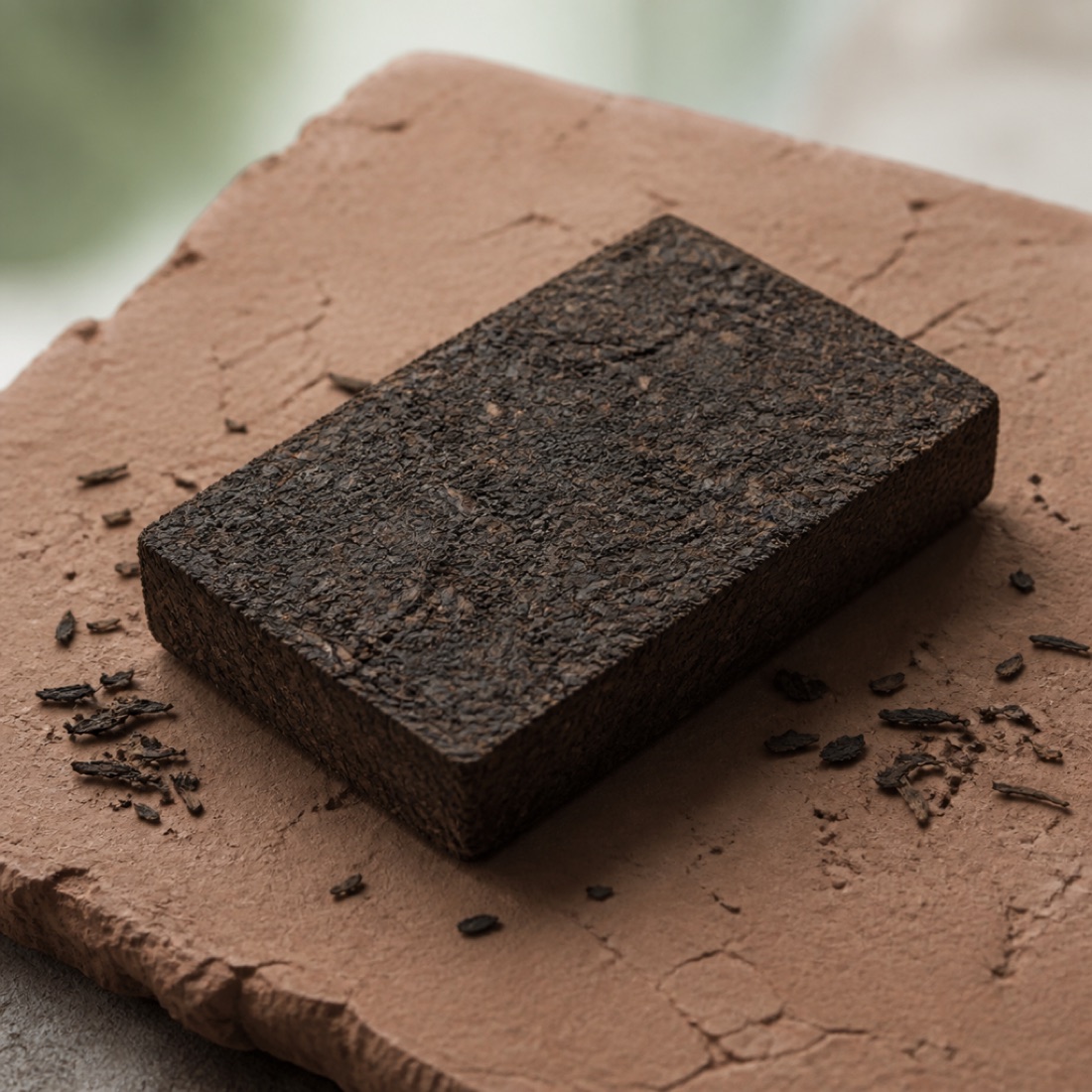 A rectangular compressed ripe pu-erh brick on a raw clay slab