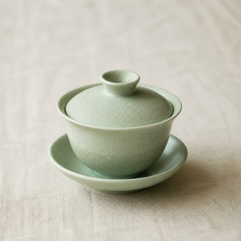 A pale celadon crackle-glazed gaiwan with lid and saucer