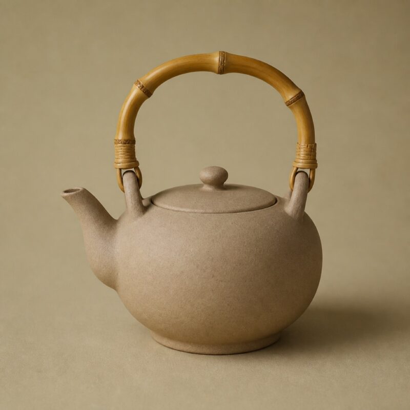 A small handmade unglazed clay teapot in warm terracotta