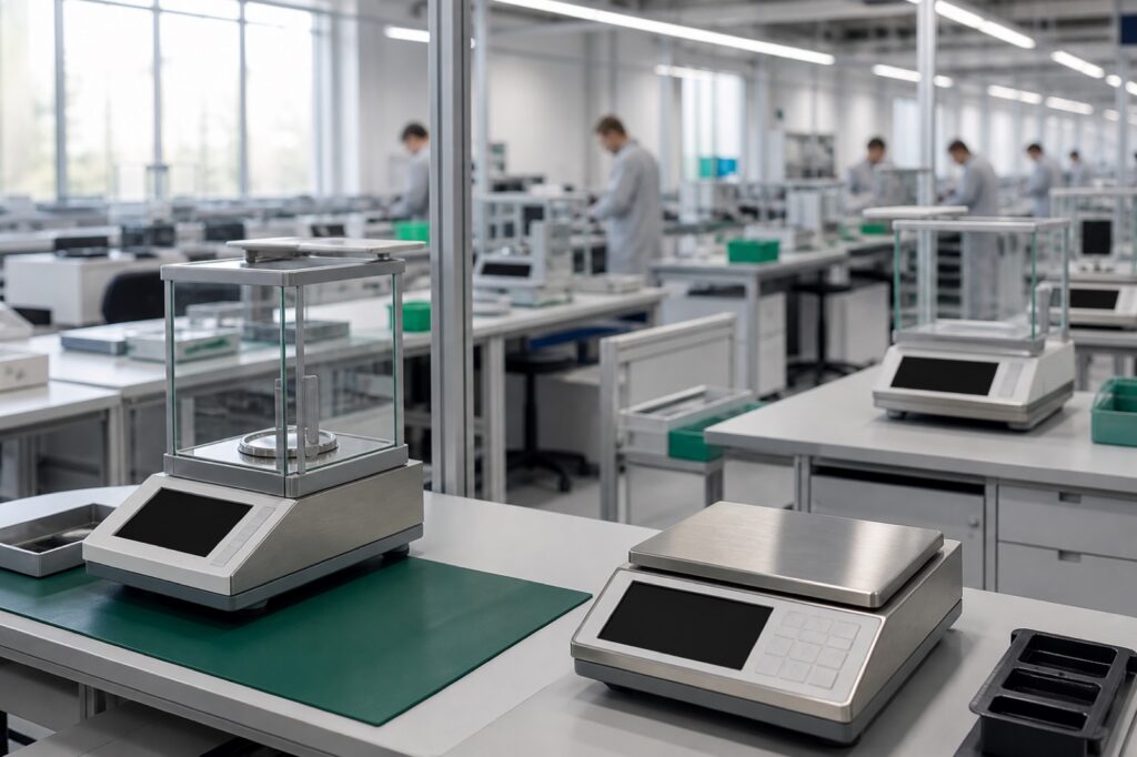 Weighing equipment assembly hall with organised workstations
