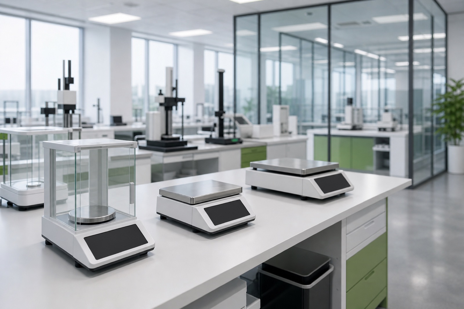 Modern metrology laboratory with precision balances on benches