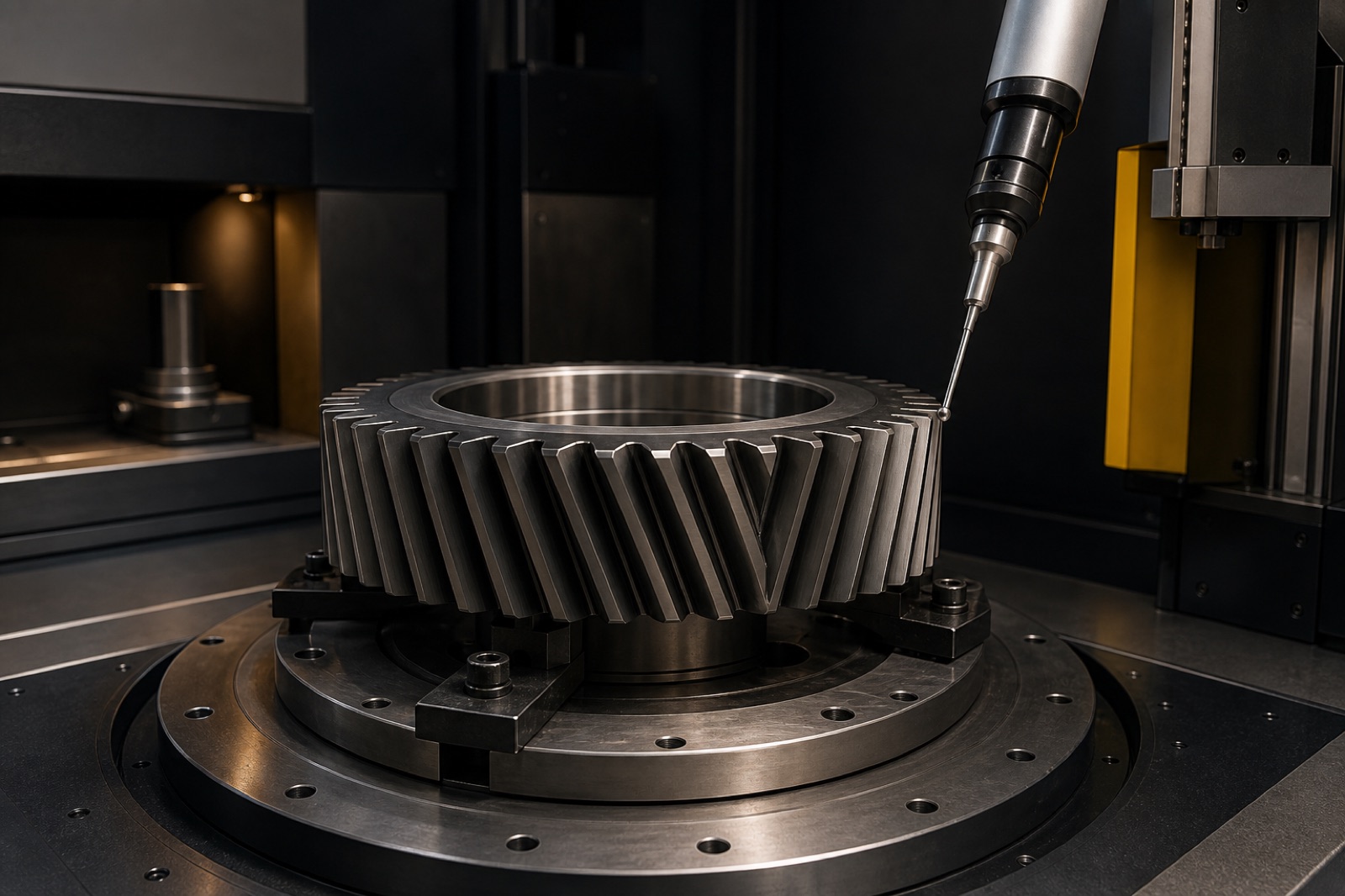 Hardened helical gear on a rotary measuring table with a probe approaching a tooth flank