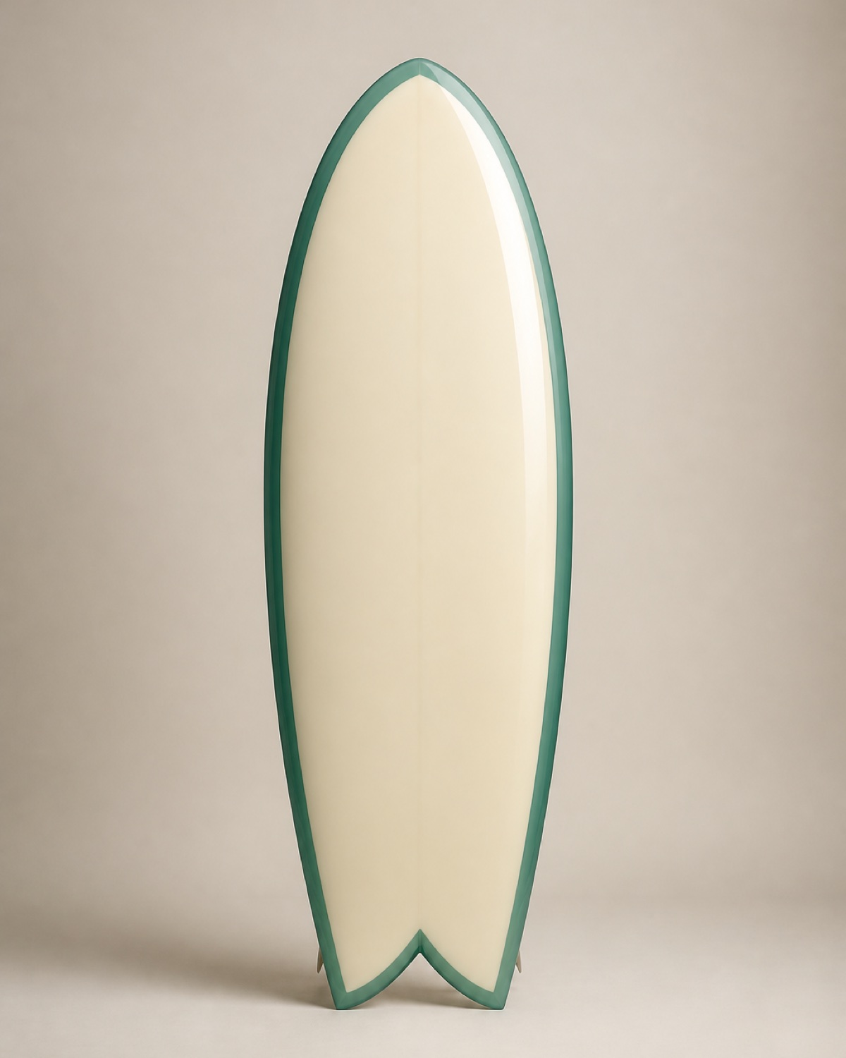 A cream and teal twin-fin fish surfboard with a swallow tail