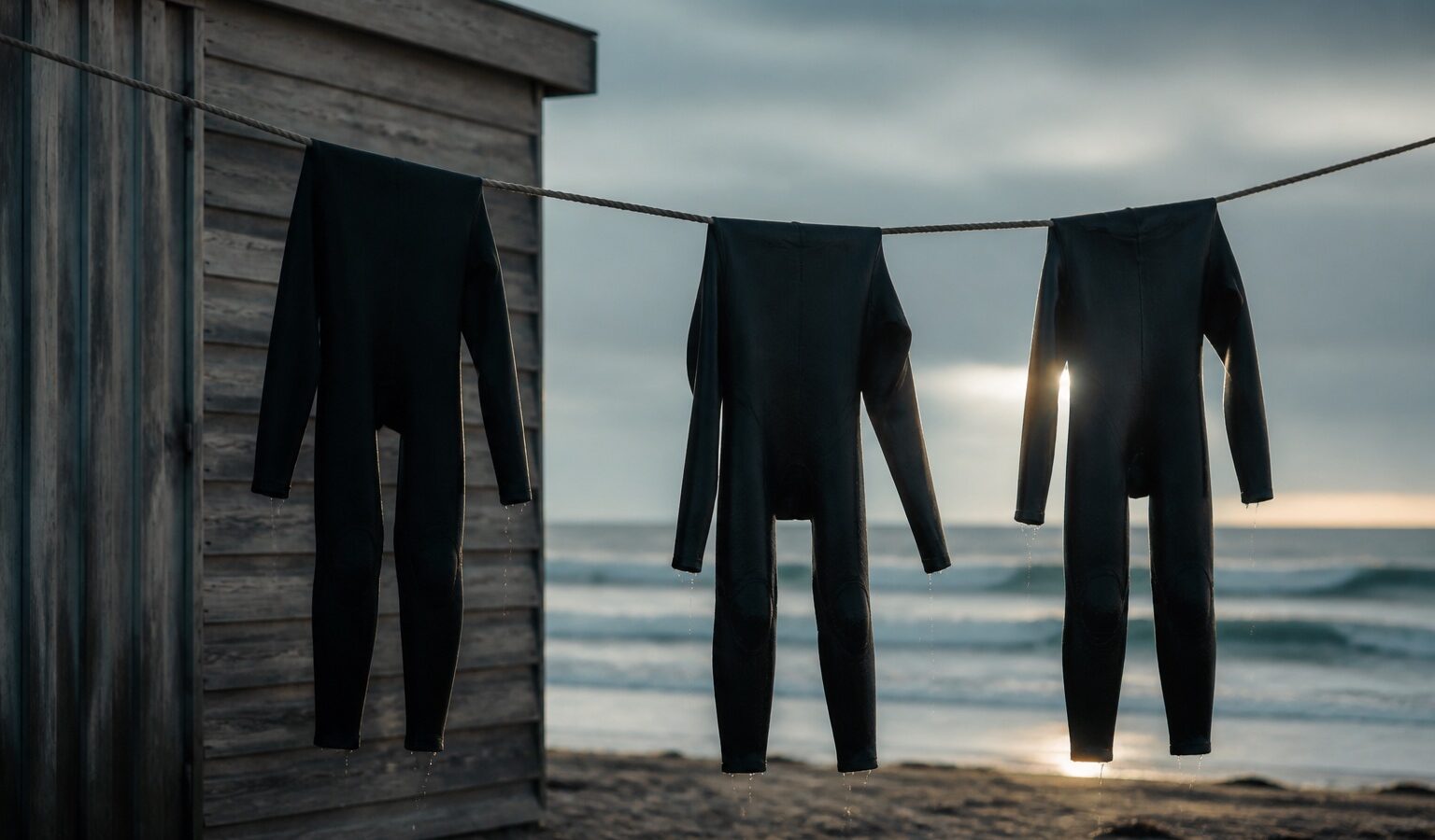 Three wetsuits hanging to dry outside a beach hut