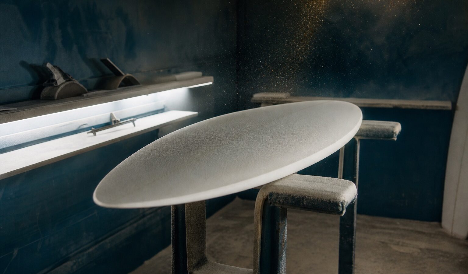 A blank on the racks in the Tidewell shaping bay