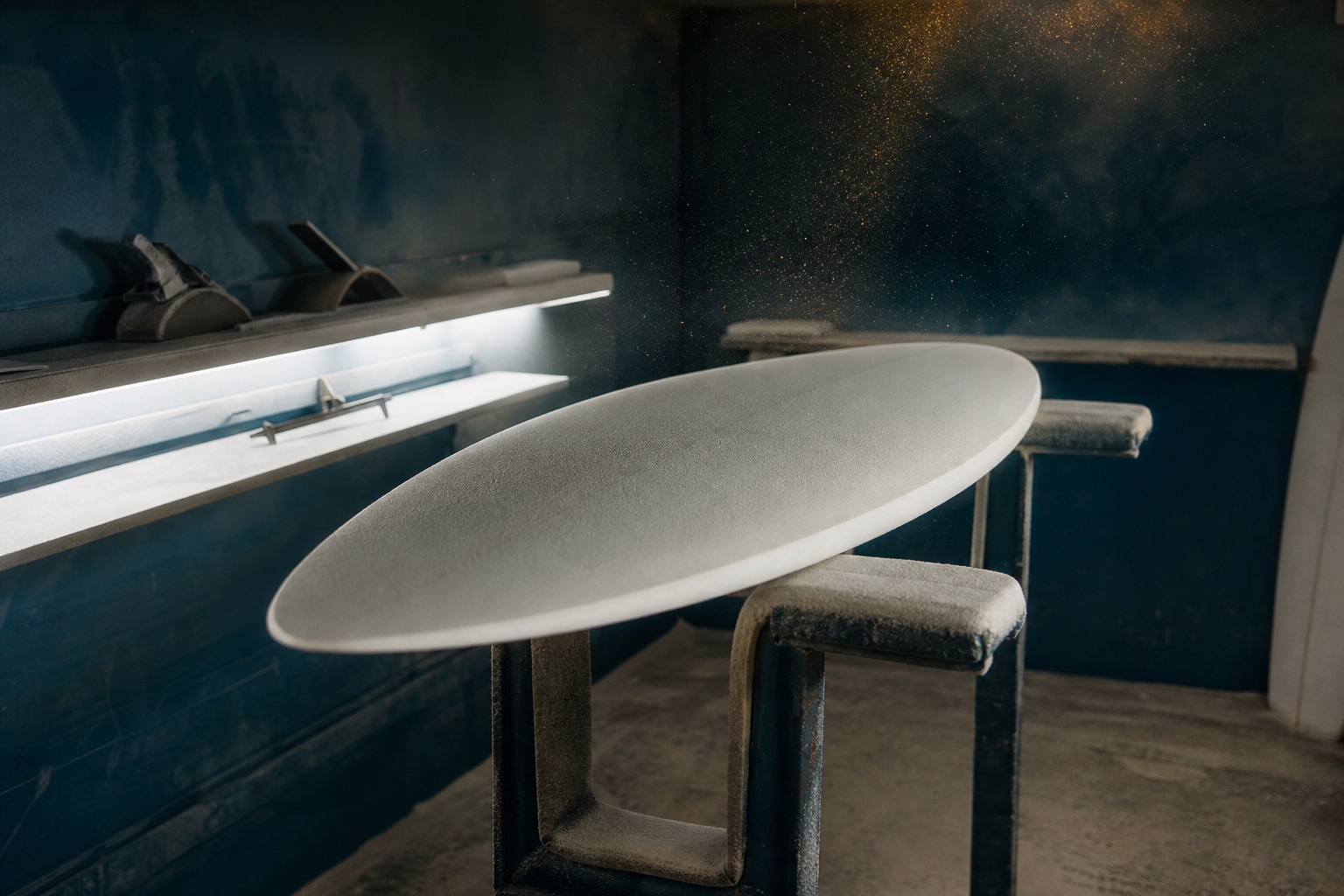 A blank on the racks in a dust-filled shaping bay