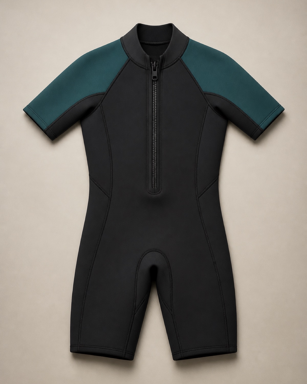 A short-sleeve charcoal spring wetsuit laid flat