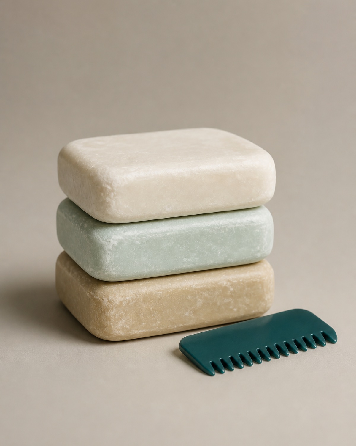 Three stacked bars of surf wax beside a teal comb