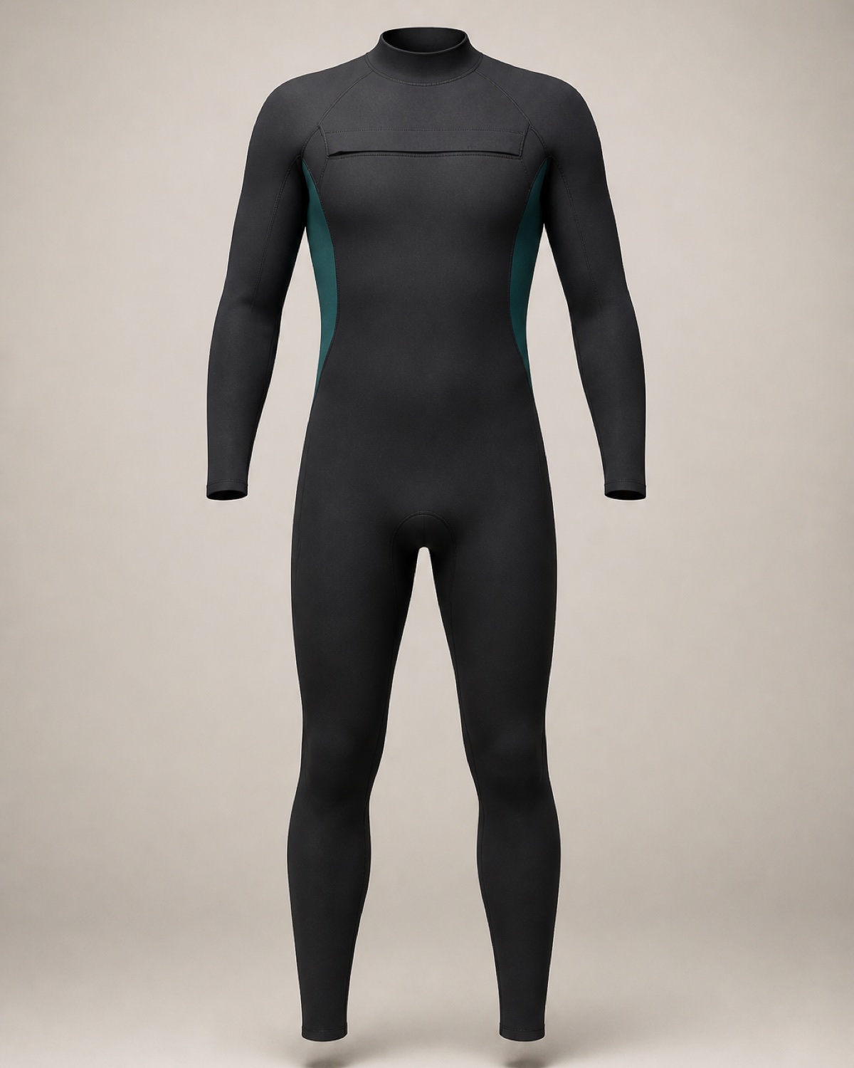 A black four-three wetsuit with teal rib panels on an invisible form