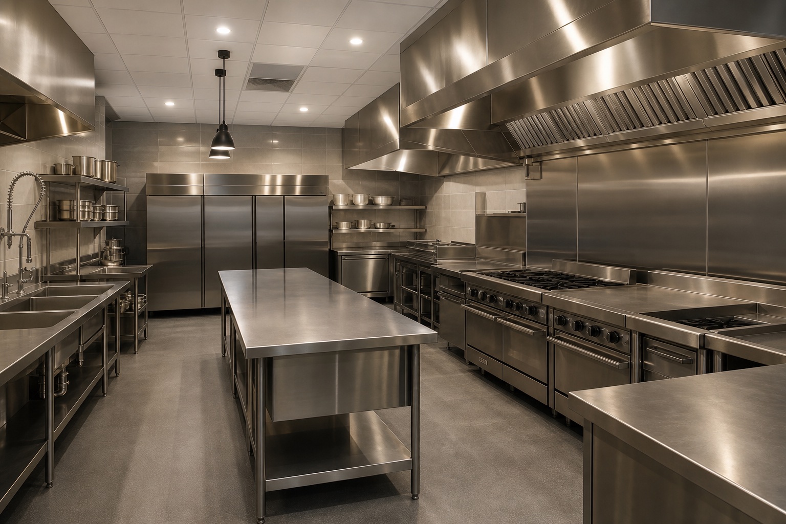 Professional stainless steel commercial kitchen line
