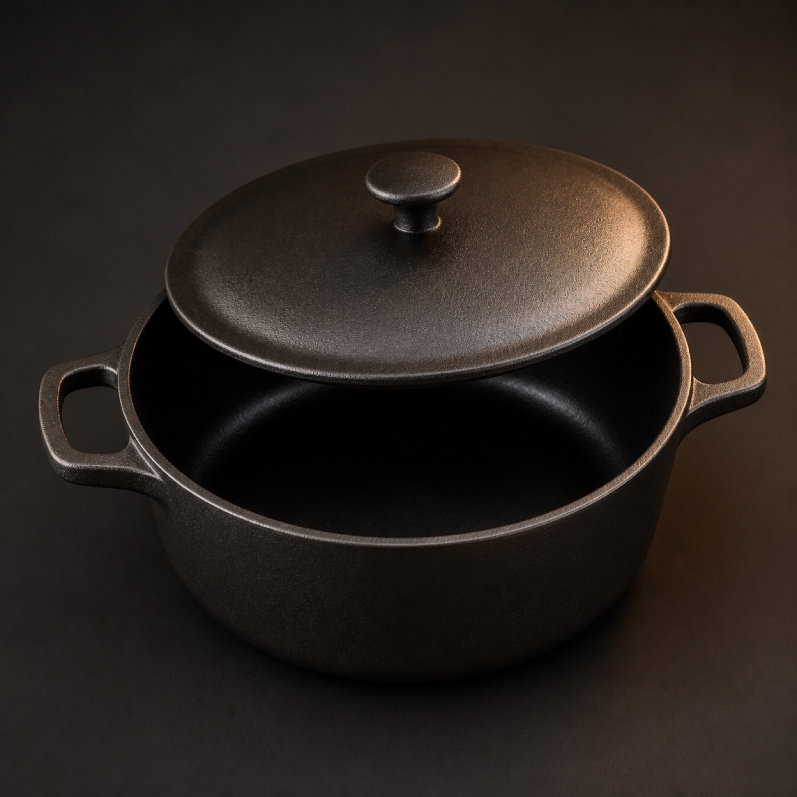 A seven quart cast iron dutch oven seen from the side
