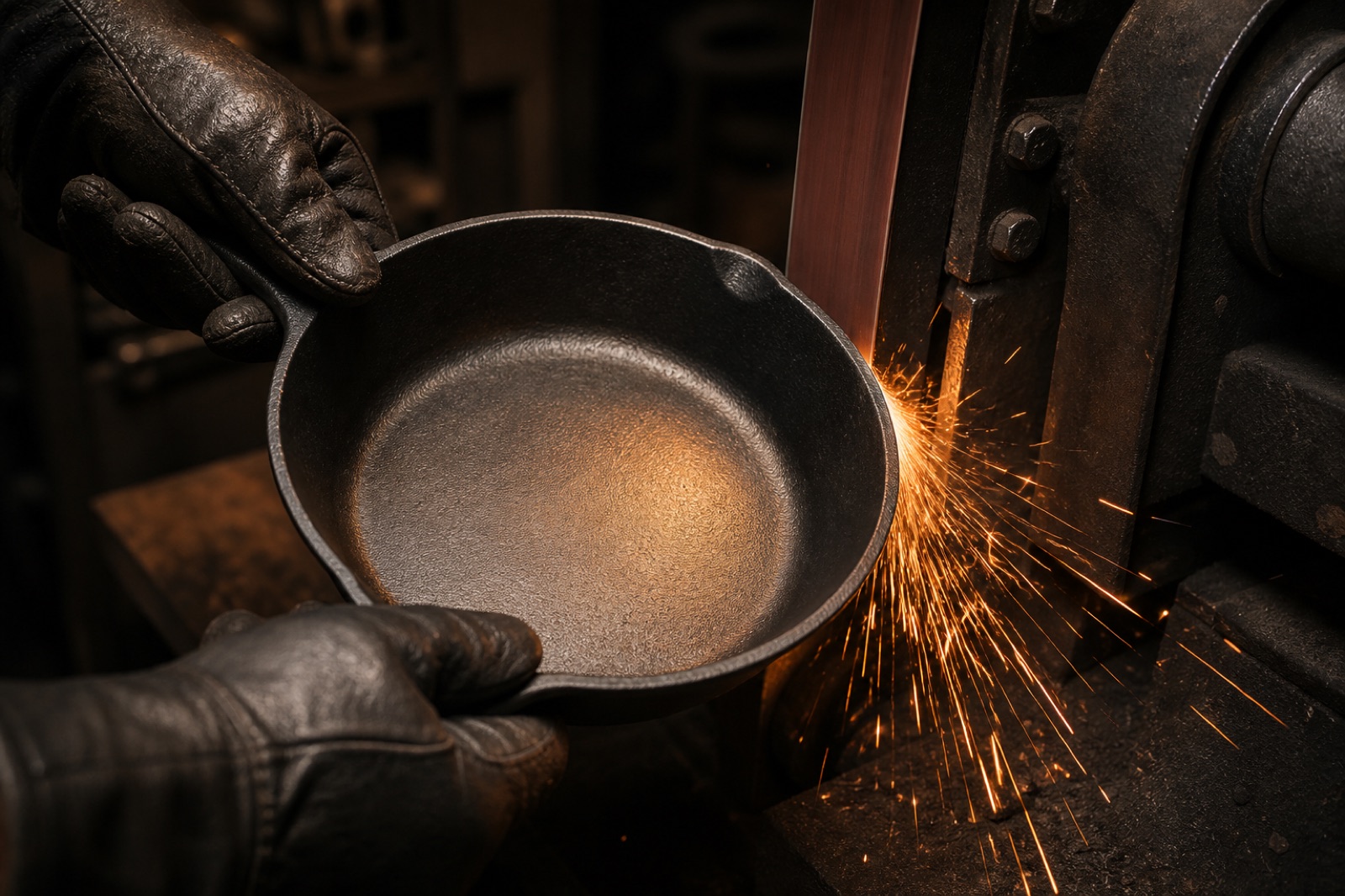 A cast iron cooking face being ground smooth by hand