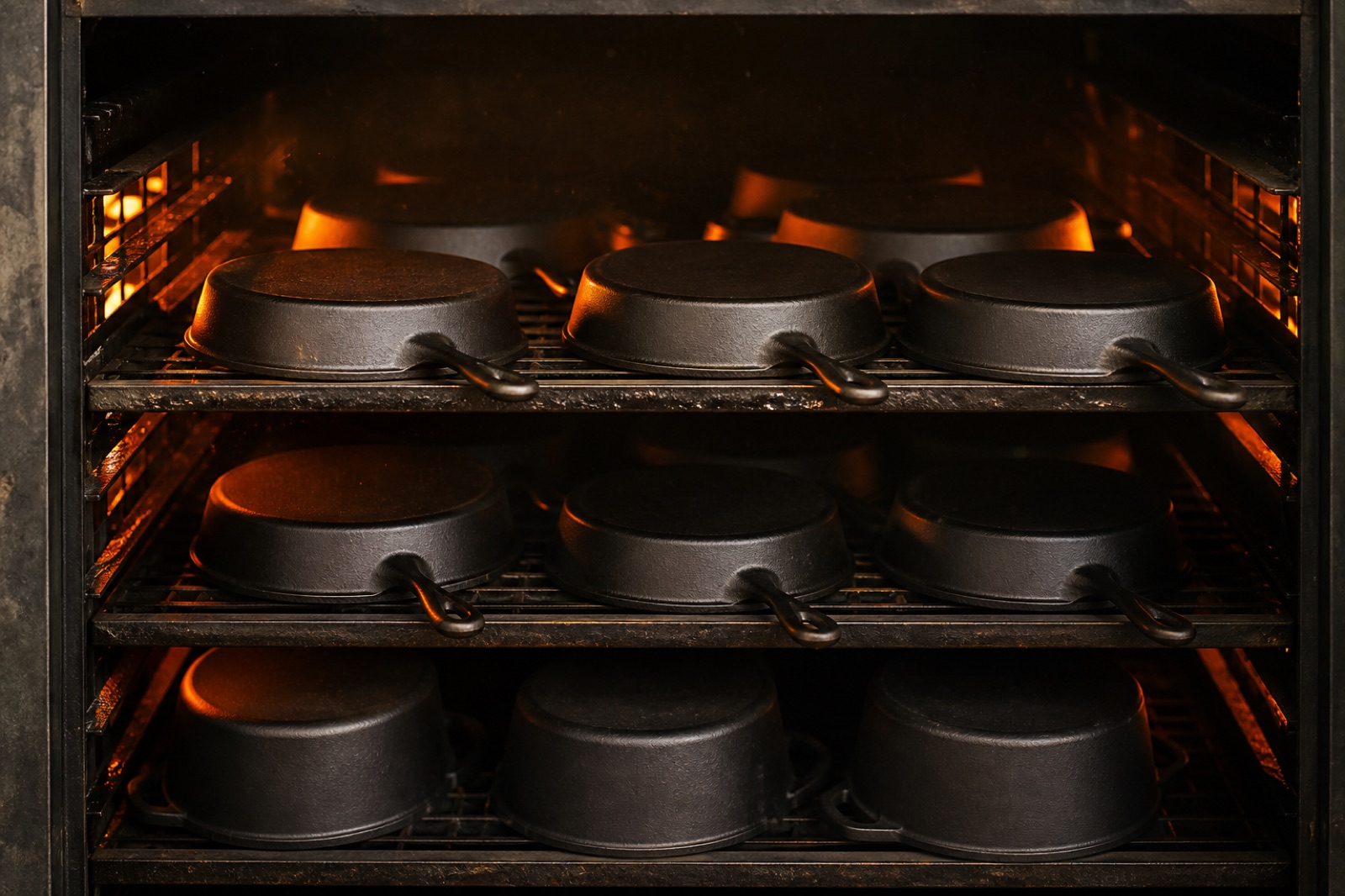 Cast iron pans stacked in a seasoning oven