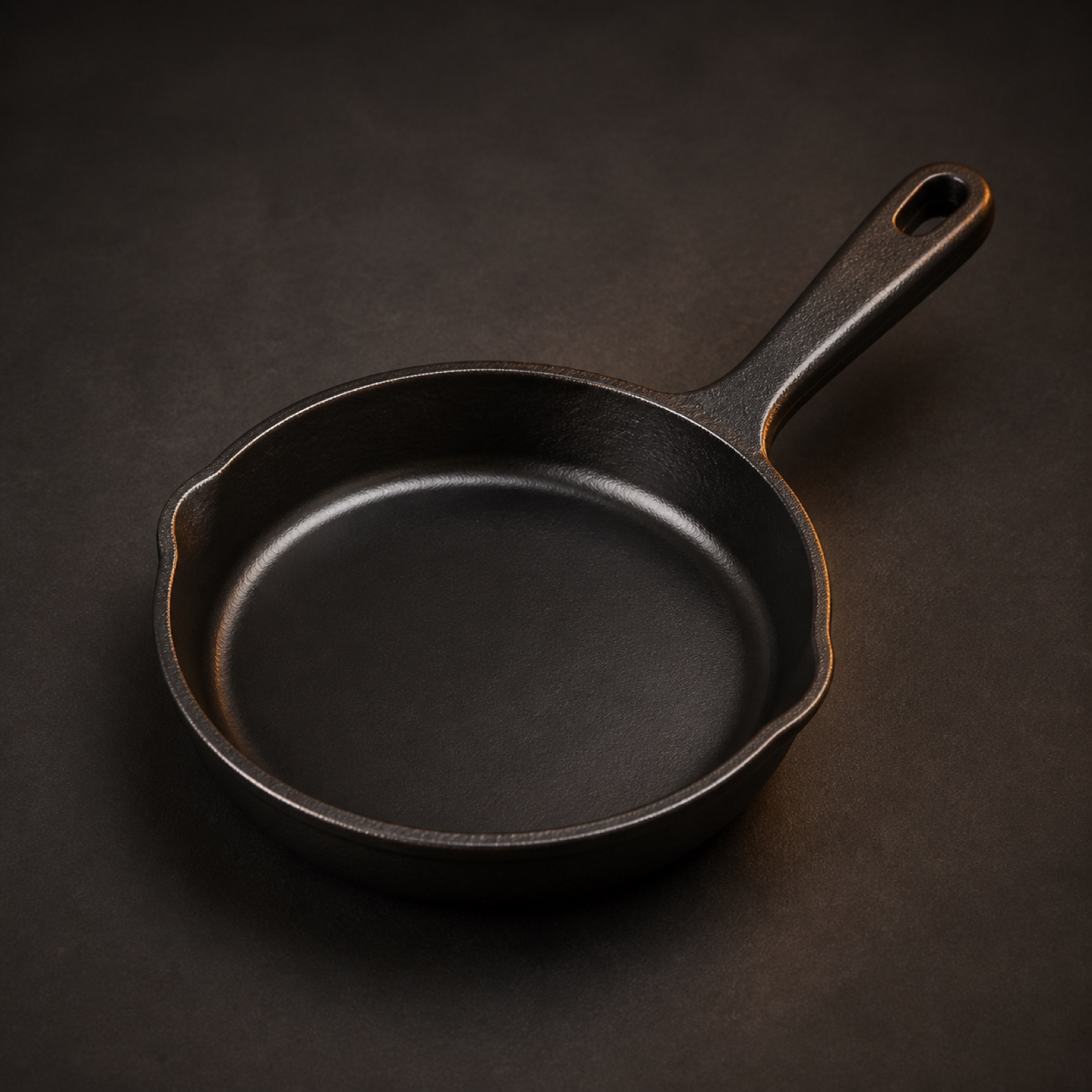 An eight inch cast iron skillet seen from above