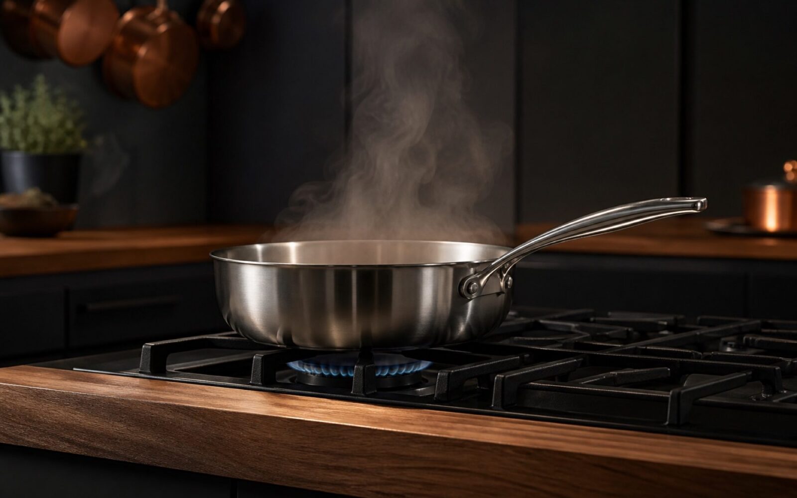Stainless saut&eacute; pan on a gas flame in a dark kitchen with steam rising