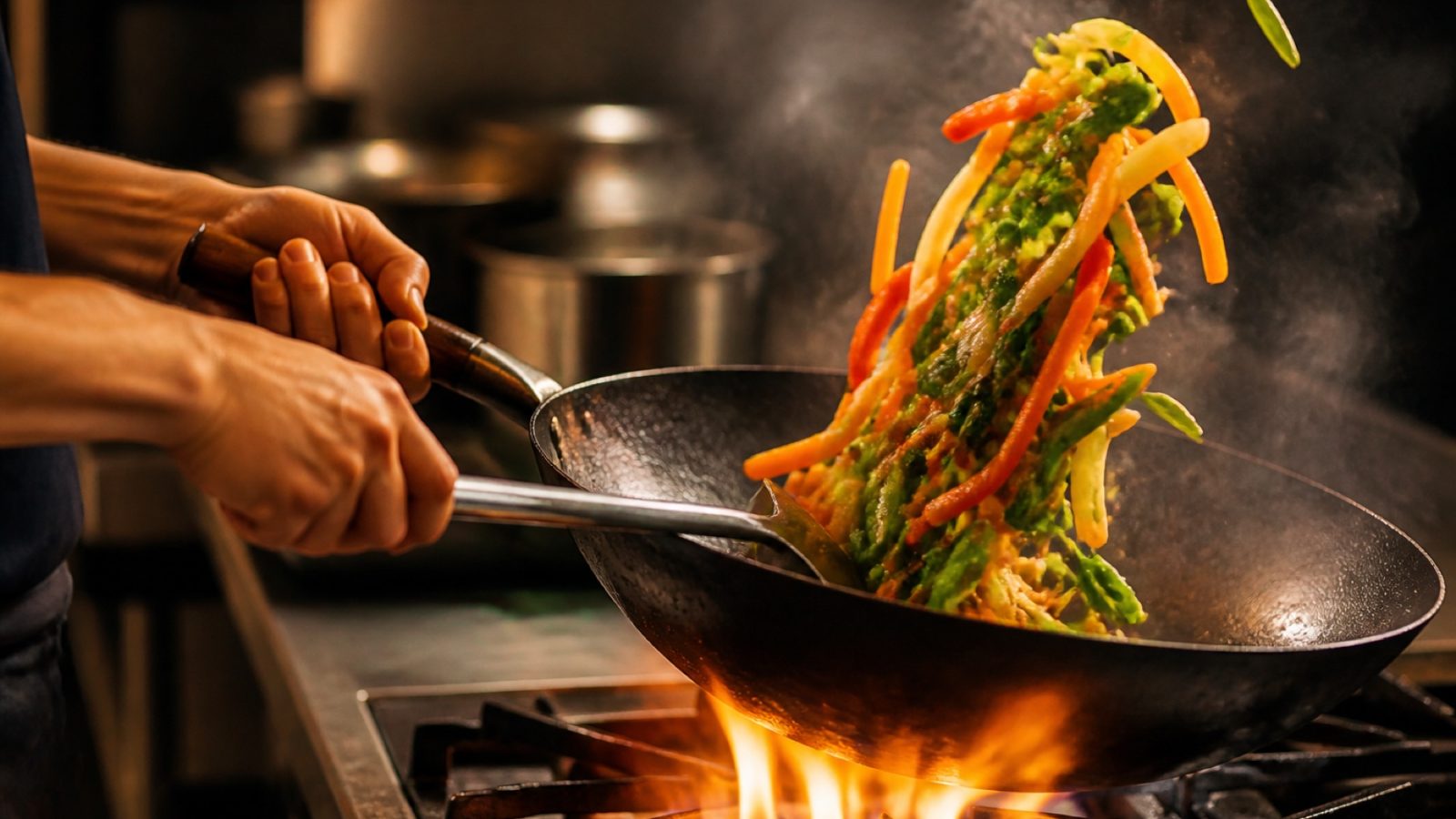 Hands tossing vegetables in a carbon steel wok over a high flame