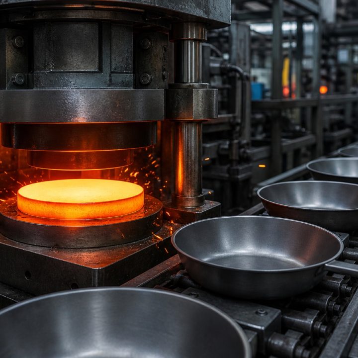 Cookware production line with a glowing steel disc being pressed