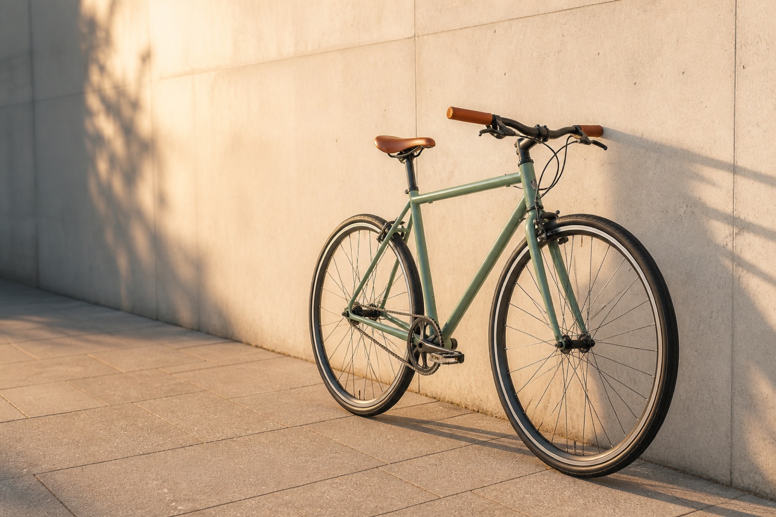A sage green city bicycle resting against a sunlit wall
