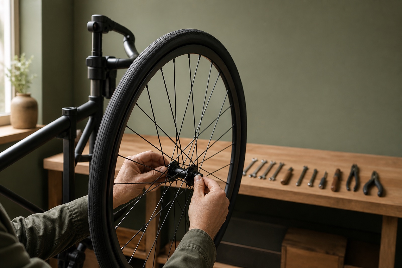 A mechanic truing a wheel at the workshop bench