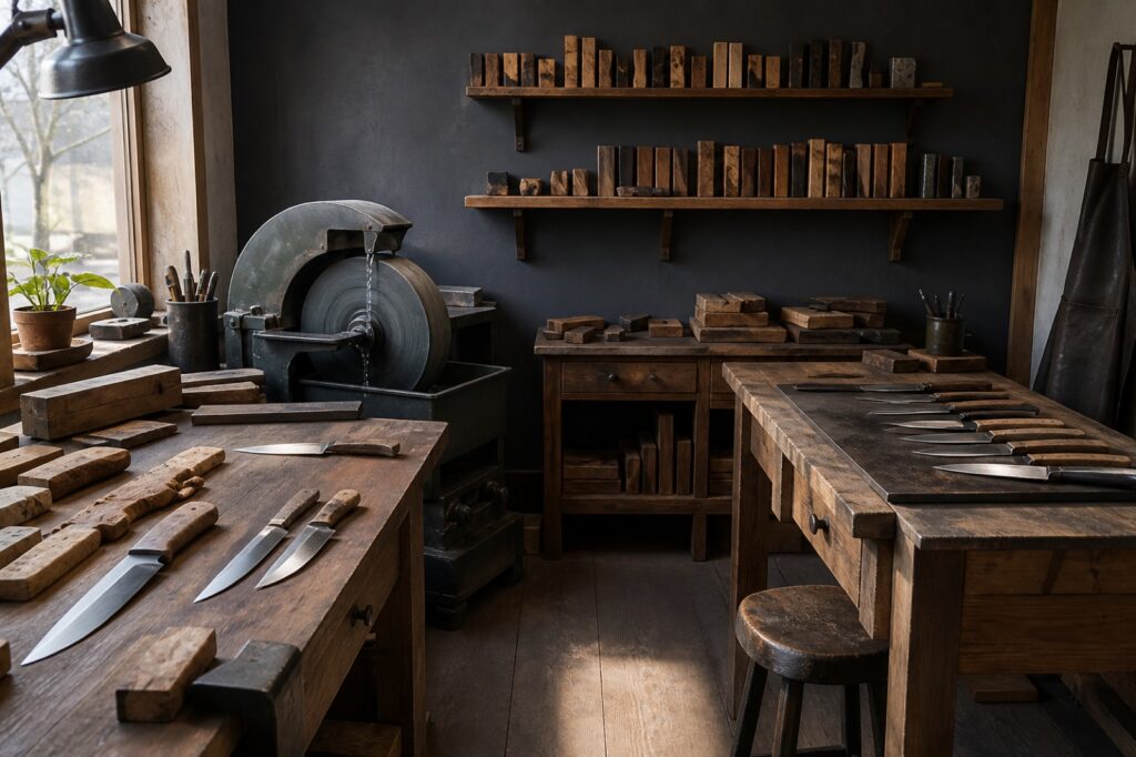 Artisan knife workshop with wooden workbenches, a grinding wheel and handle blanks on open shelves