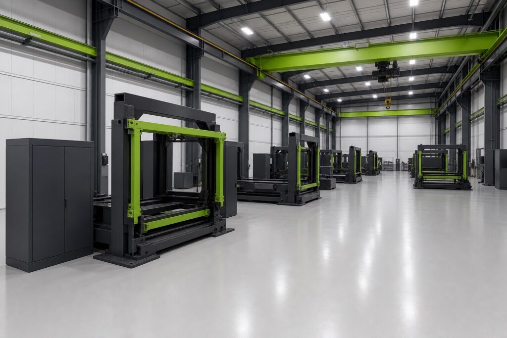 Battery equipment final assembly hall with machine frames in build positions